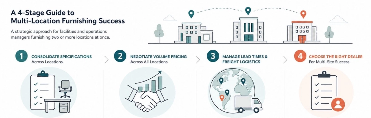 Office furniture procurement infographic illustrating commercial office furniture planning for multiple locations, including standardized workstations and ergonomic office chairs